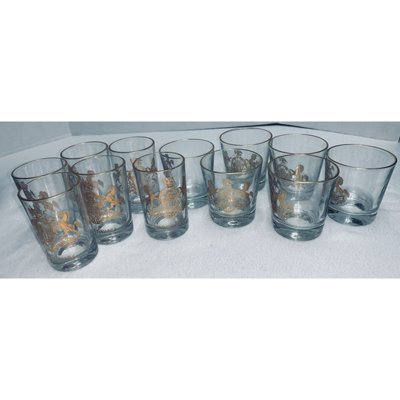 14 Pc Vtg Pennsylvania Coat of Arms Barware Set Shaker Glasses Gold Gilding NOS - Picture 8 of 15